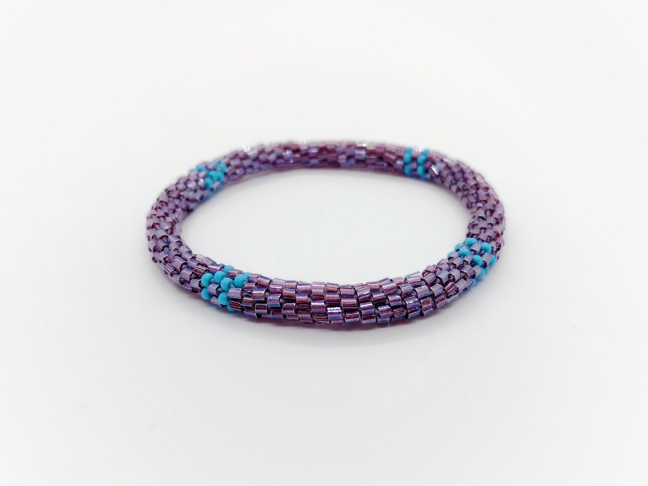 Roll On Beaded Bracelet Purple Blue Shiny Glass Beads Handmade