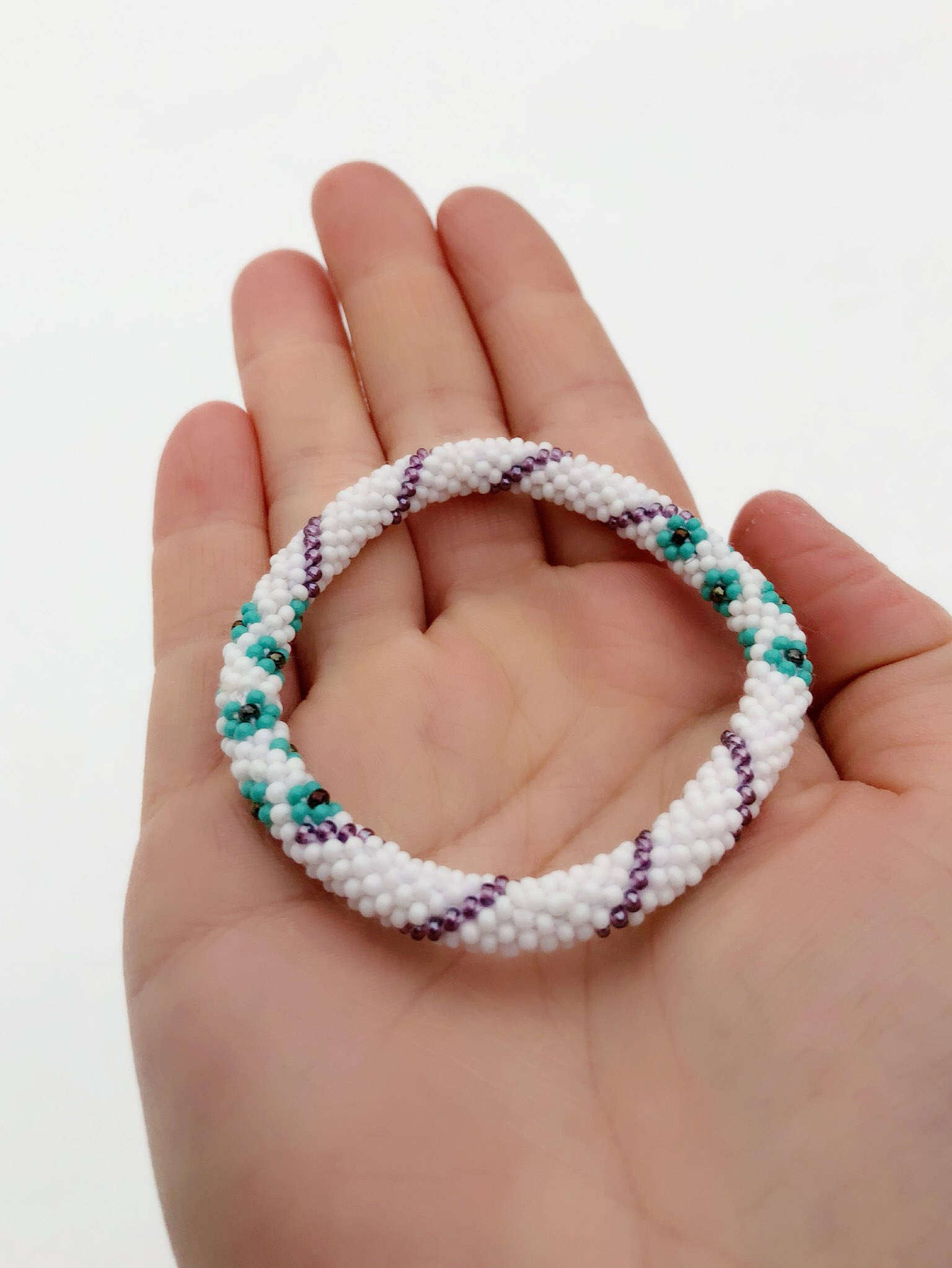 Handmade Beaded Bracelet Roll On Style Bracelet White Lavender Blue