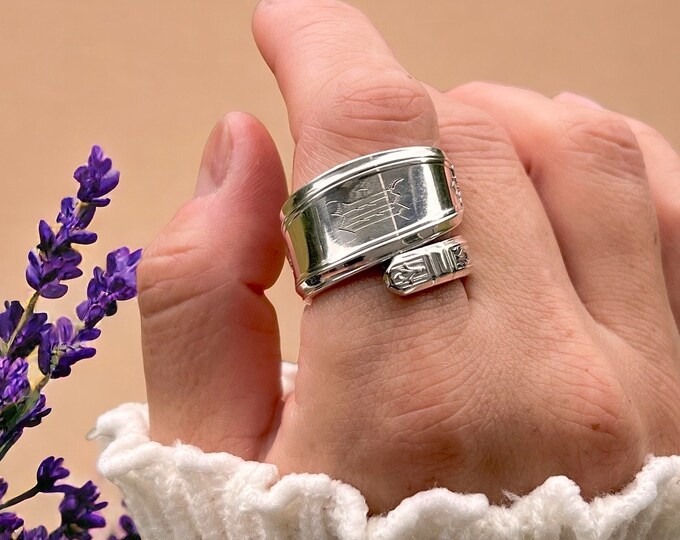 Initial M Spoon Ring - Sized to Fit - Antique Silver Spoon