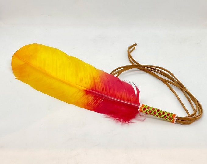 Native American Beaded Smudge Feather - Hand Painted Feather