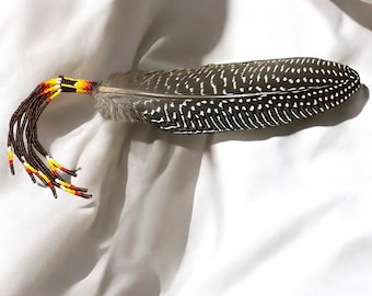 Beaded Smudge Feather with Beaded Fringe - Brown - Native American