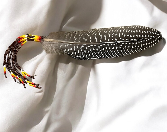 Beaded Smudge Feather with Beaded Fringe - Brown - Native American