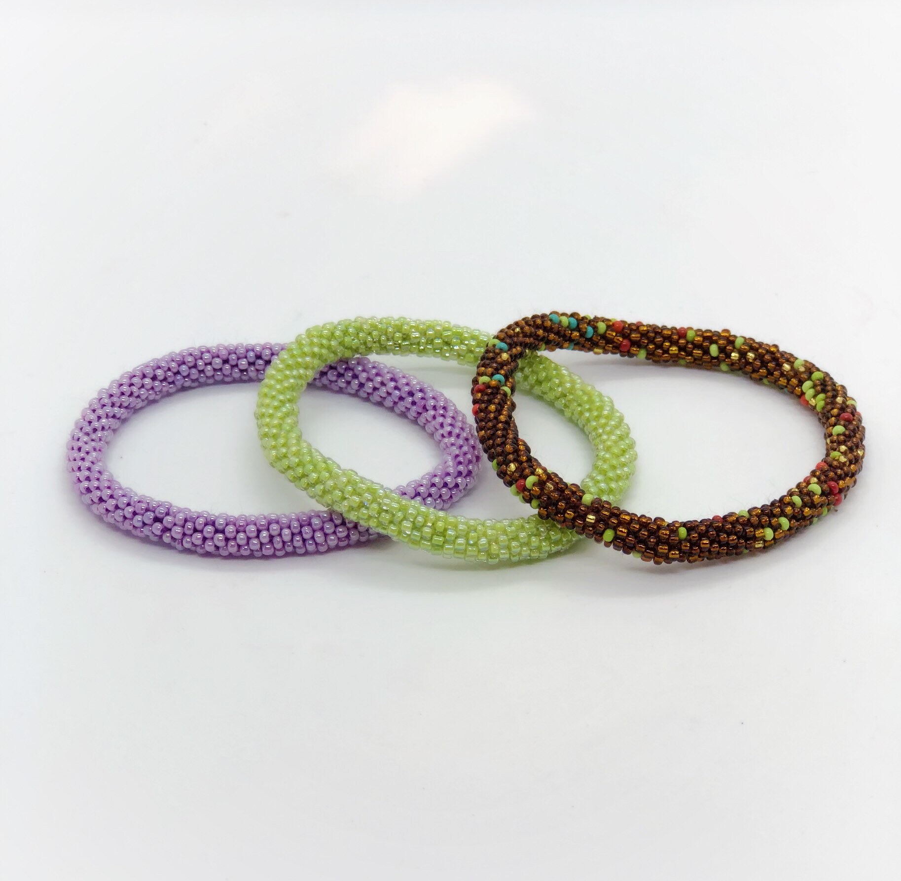 Beaded Roll On Bracelets Three Stacking Bracelets Handmade Beaded