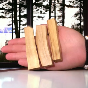 May include: Three light brown sticks of Palo Santo wood, a type of incense, are held in a hand. The sticks are about 4 inches long and 1/2 inch wide.