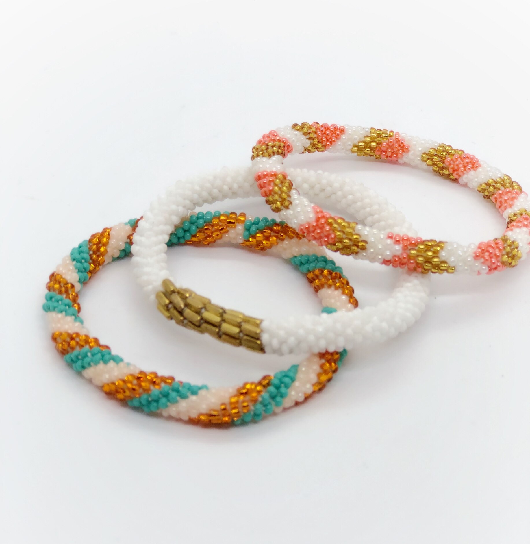 Beaded Roll On Bracelet Trio Three Bracelets Handmade Beaded