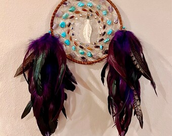 Native American Dreamcatcher - Sage Blessed - Buckskin - Amethyst - Buffalo Bone Beads