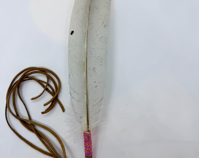 Beaded Smudge Feather - Authentic Native American - Blue Slate Turkey Feather