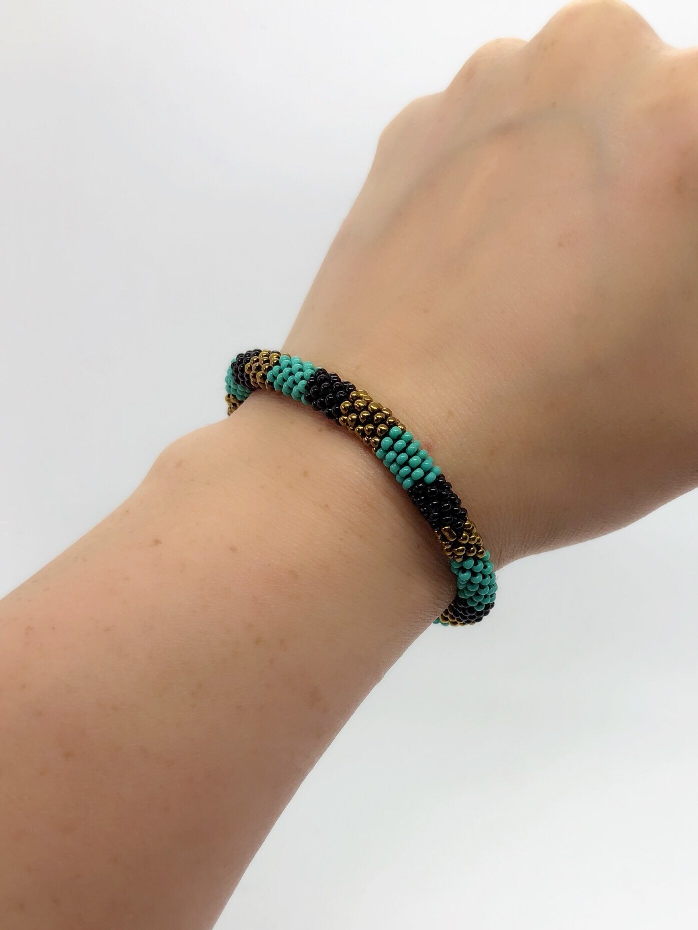 Beaded Roll On Bracelet Handmade Teal Black Gold Boho Bracelet