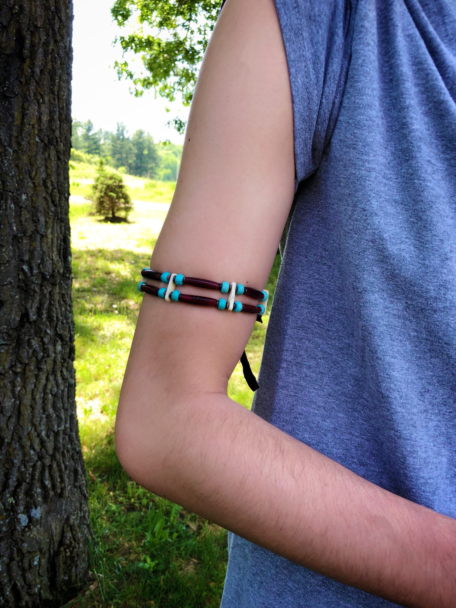 Native American Armband Buffalo Bone Turquoise Buckskin Choker