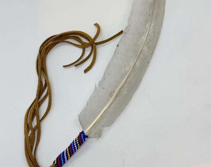 Beaded Smudge Feather - Authentic Native American - Blue Slate Turkey Feather