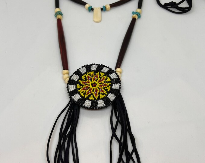 Native American Beaded Medallion Necklace - Handmade - Sage Blessed - Buffalo Bone - Buffalo Horn - Glass Beads - Buckskin - (ww128)