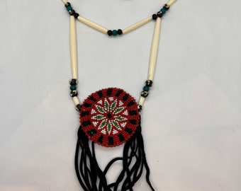 Breastplate Necklace - Native American - Beaded Medallion - Buffalo Bone Beads - Handmade (ww111)