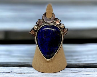 Size 10.5 - Lapis Lazuli Ring - Moon Ring - Sterling Silver