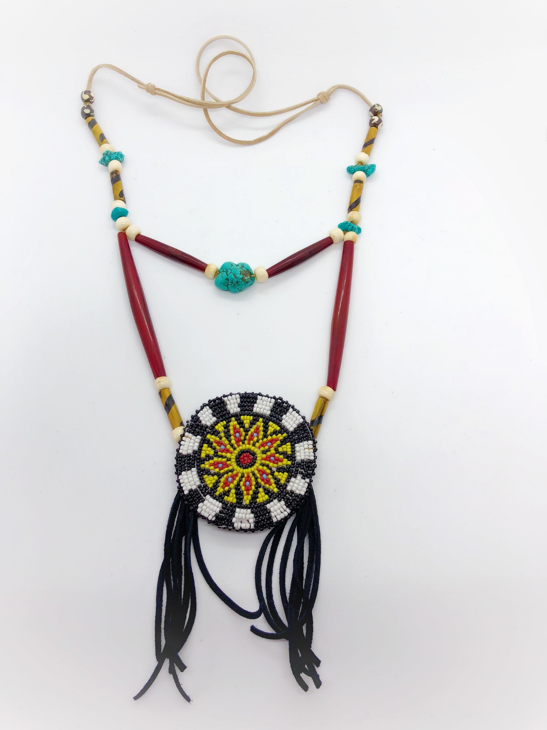 Breastplate Necklace Native American Beaded Medallion Buffalo
