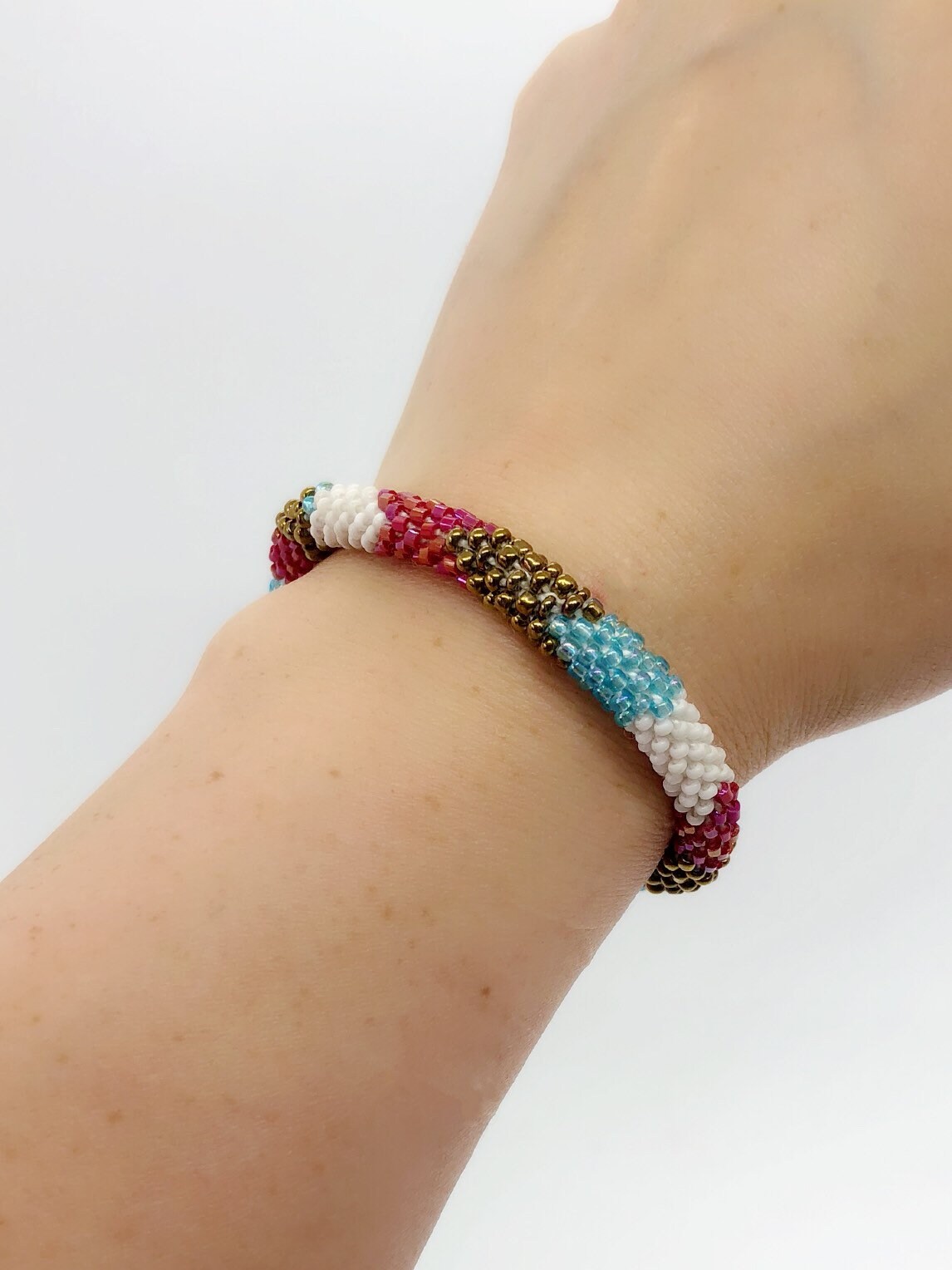 Beaded Bracelet Roll On Bracelet White Pink Blue Gold Handmade