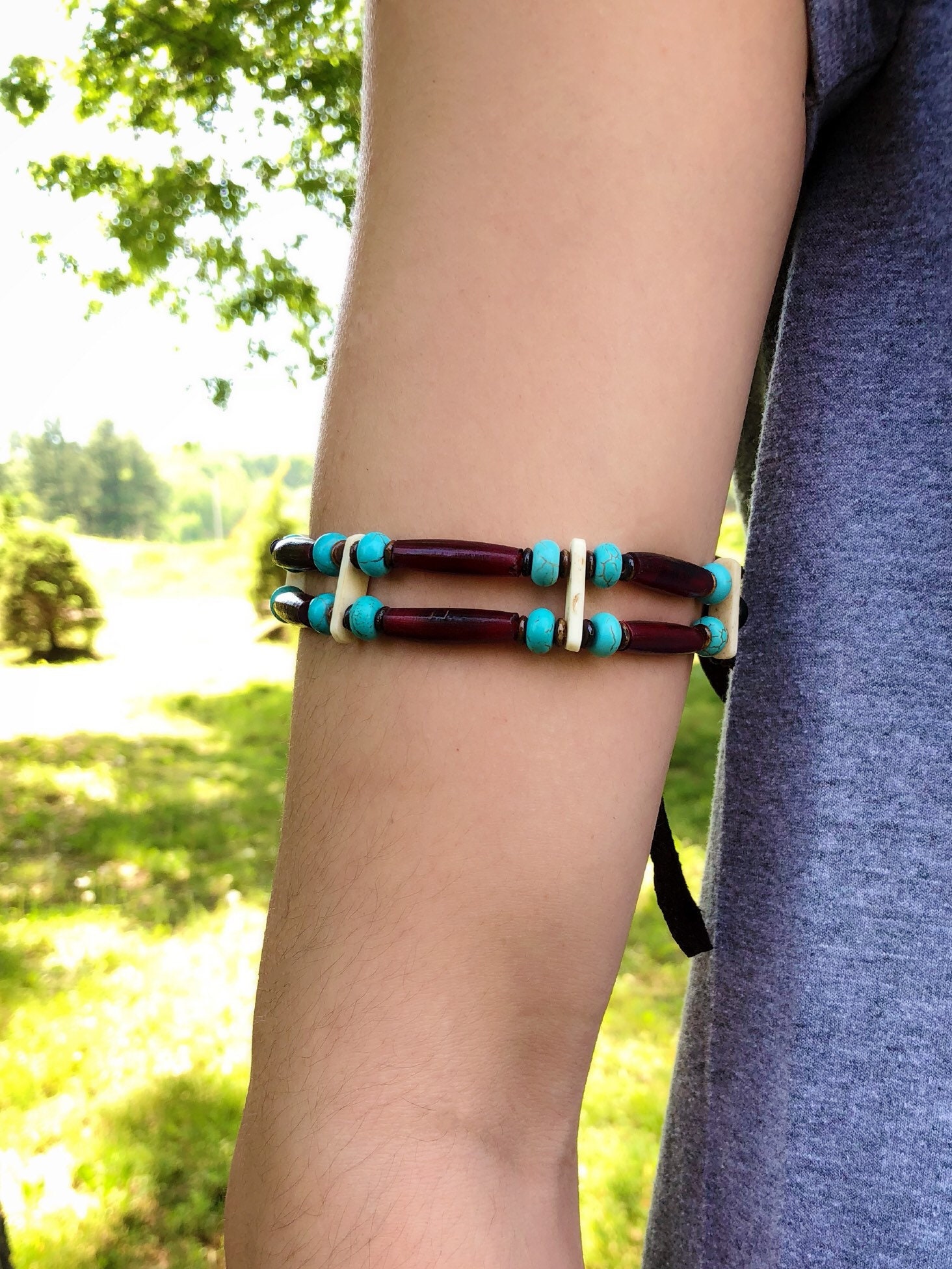 Native American Armband Buffalo Bone Turquoise Buckskin Choker