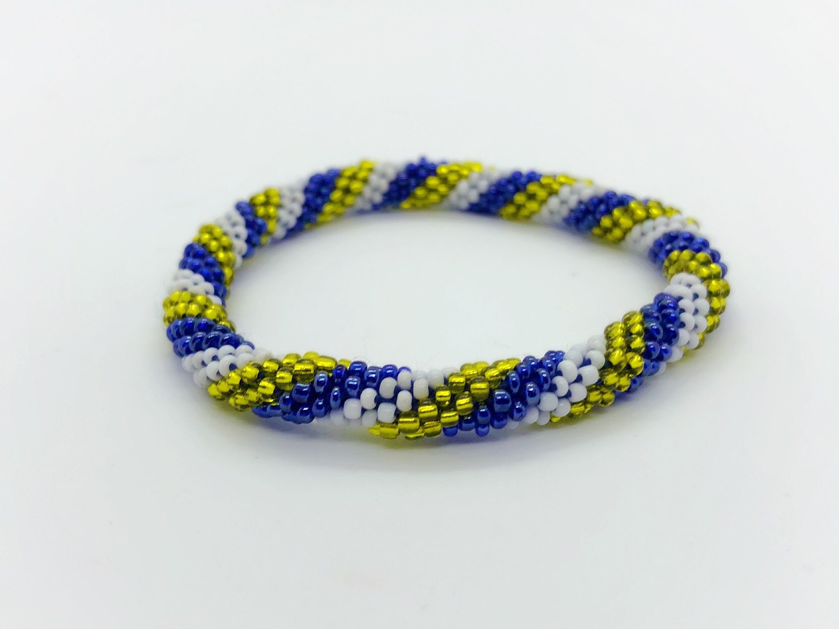 Beaded Bangle Bracelet Roll On Bracelet Blue Gold White Handmade