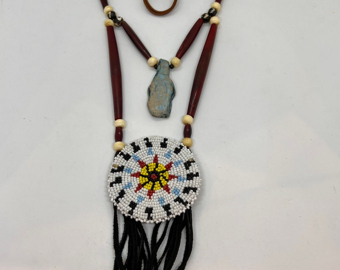 Beaded Medallion Breastplate Necklace - Buffalo Bone - Sage Blessed - Tribal Jewelry (ww101)