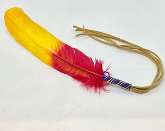 Beaded Smudge Feather - Prayer Feather - Beadwork - Buckskin - Hand Painted Feather