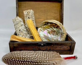Boxed Smudge Kit - Abalone - Sage - Palo Santo - Smudge Feather