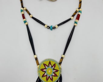 Beaded Medallion Necklace - Native American - Sage Blessed - Buffalo Bone & Horn Beads - Turtle - Adjustable Length