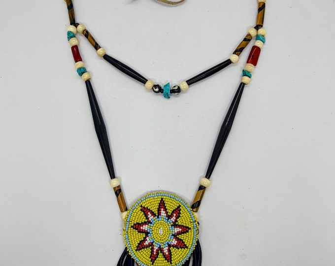 Beaded Medallion Necklace - Native American - Sage Blessed - Buffalo Bone & Horn Beads - Turtle - Adjustable Length
