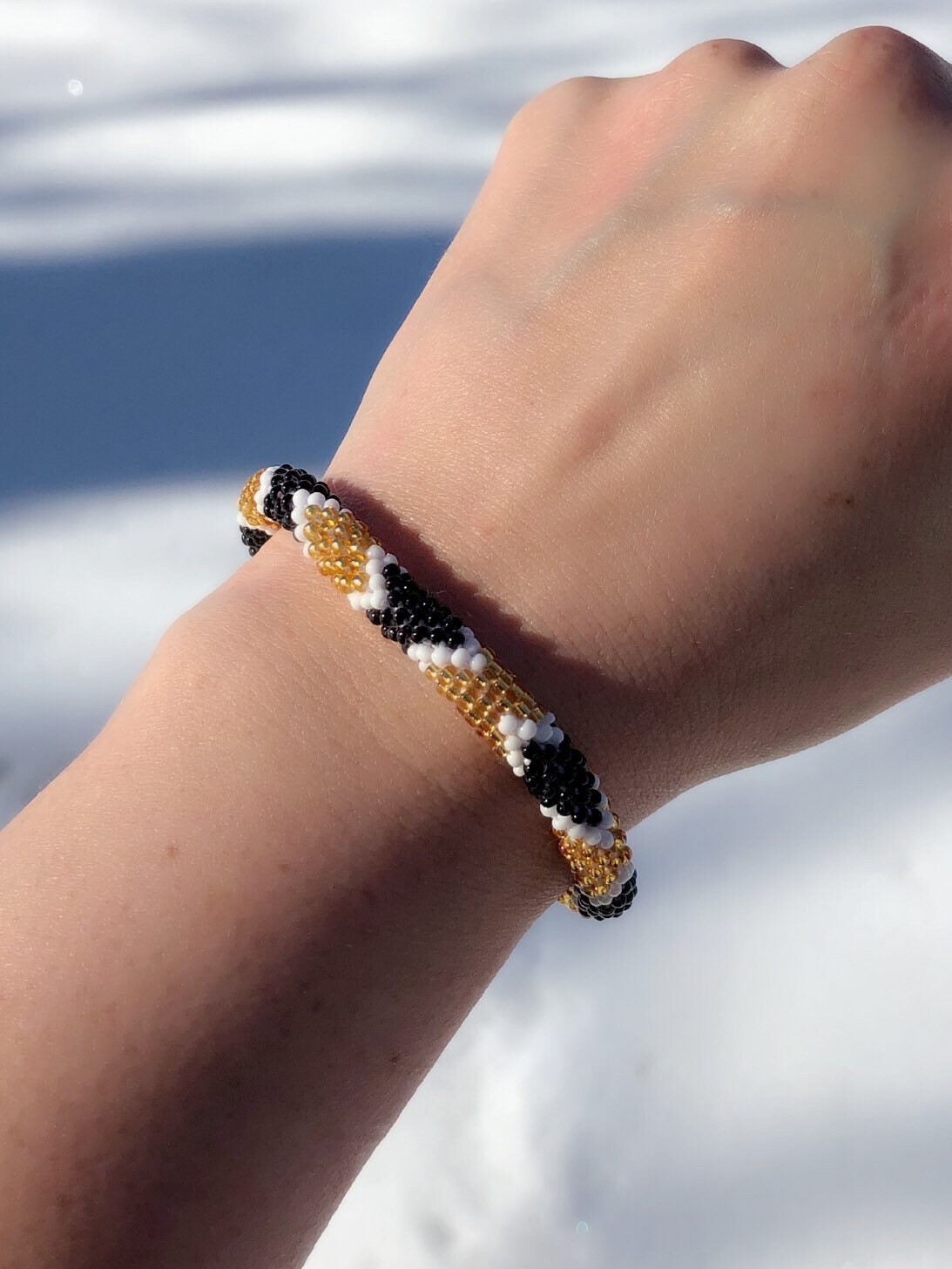 Beaded Bracelet Roll On Bracelet Gold White Black Handmade Beaded