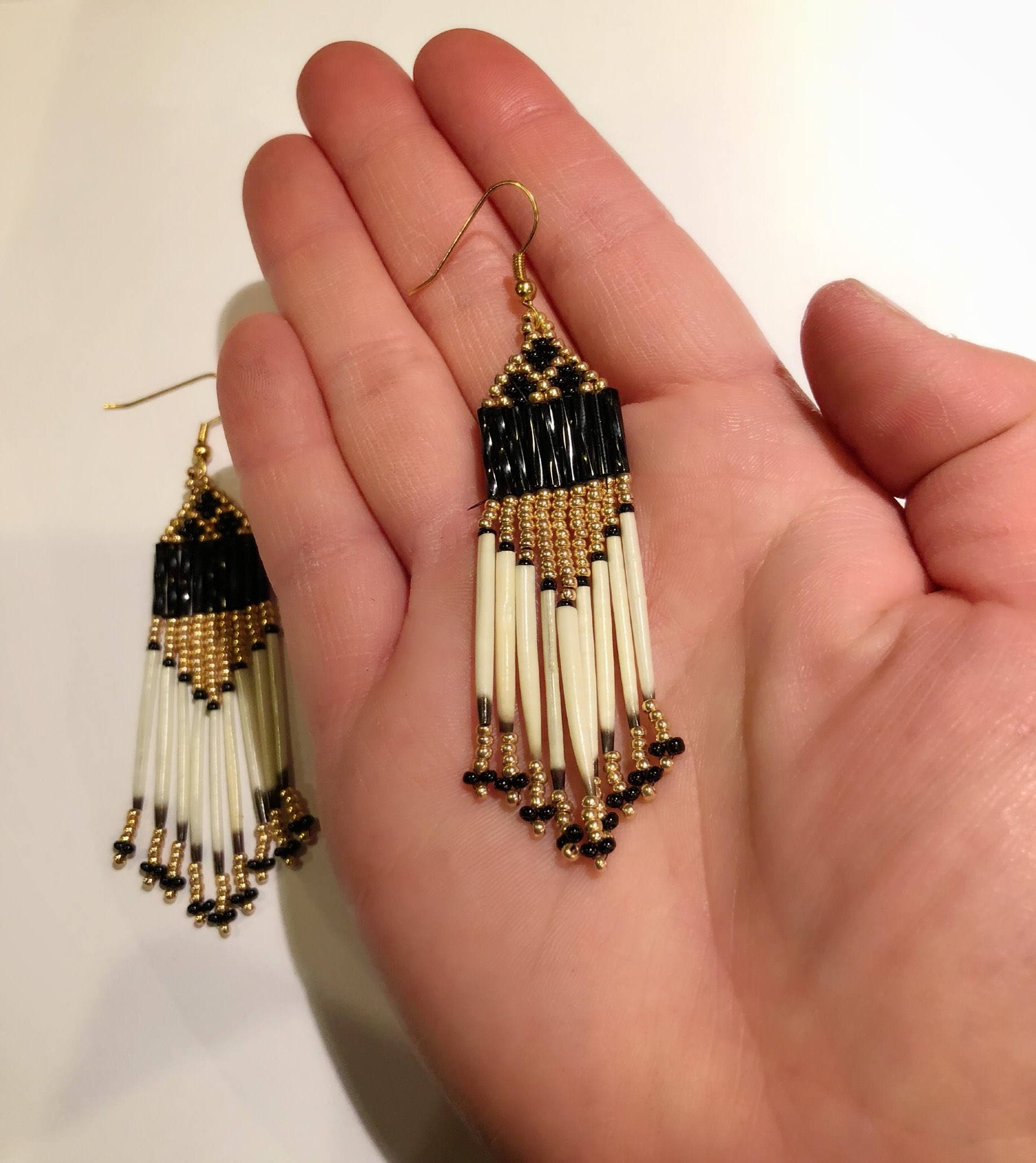 Porcupine Quill Earrings Native American Glass Beads Black & Gold