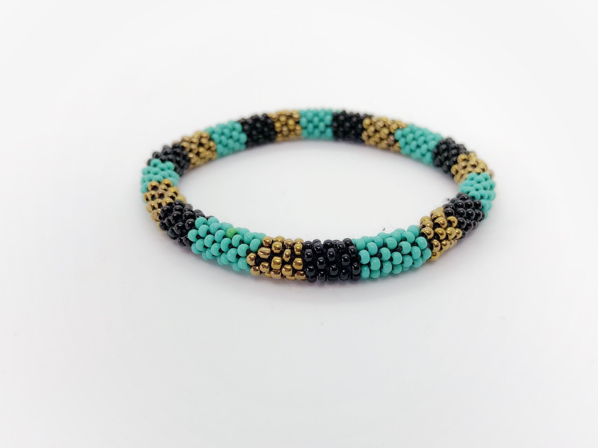 Beaded Roll On Bracelet Handmade Teal Black Gold Boho Bracelet