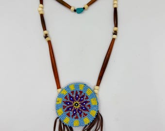 Native American Beaded Medallion Necklace - Glass Beadwork - Sage Blessed - Turquoise - Buffalo Bone - Leather