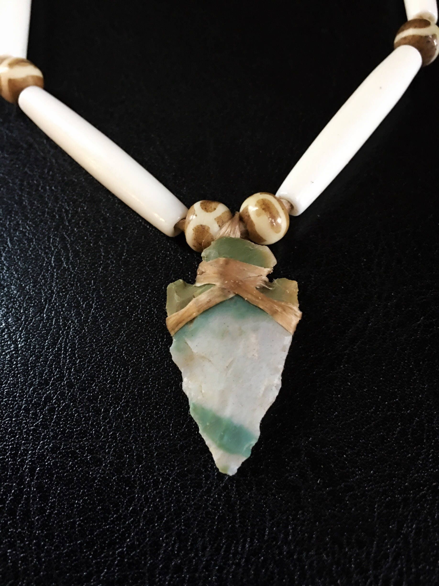 Arrowhead Necklace - Buffalo Bone Beads - Native American Jewelry -  Buckskin Lace Adjustable Sizing - Sioux - Lakota - Agate Arrowhead