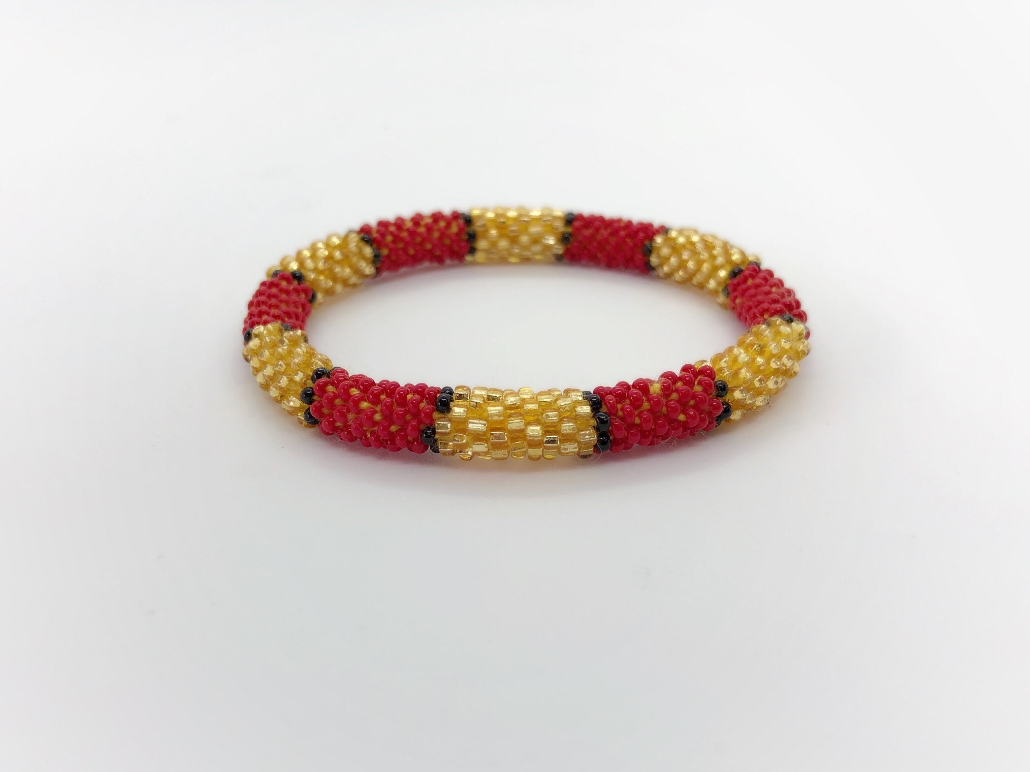 Roll On Beaded Bracelet Red Gold Black Handmade Native Beadwork