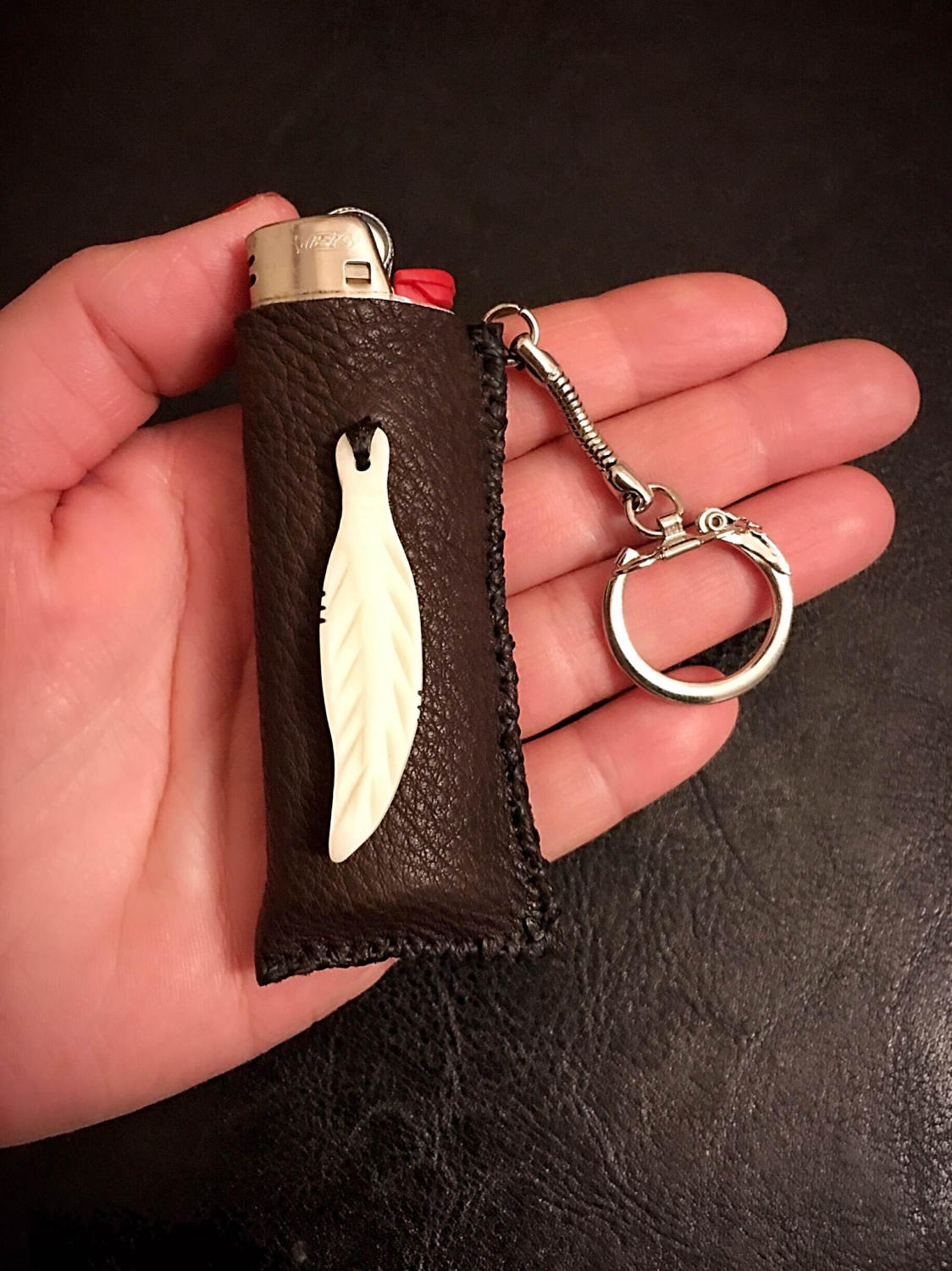 Lighter Case - Buckskin - Buffalo Bone Carved Feather - Keychain Lighter  Holder - Authentic Native American - Sage Blessed