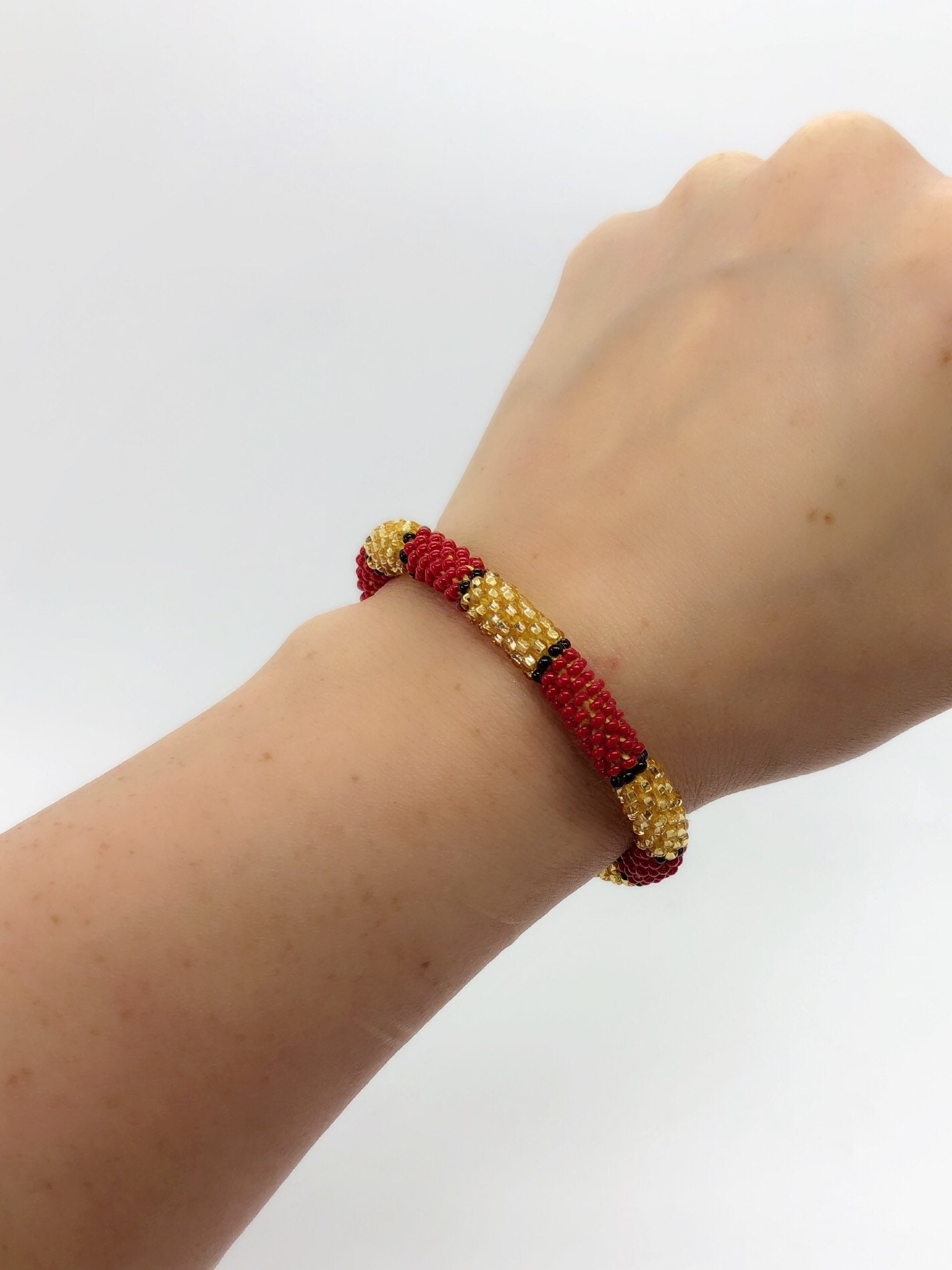 Roll On Beaded Bracelet Red Gold Black Handmade Native Beadwork