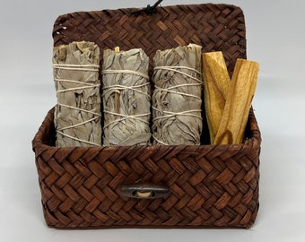 Smudge Kit - White Sage - Palo Santo - Basket Weave Box