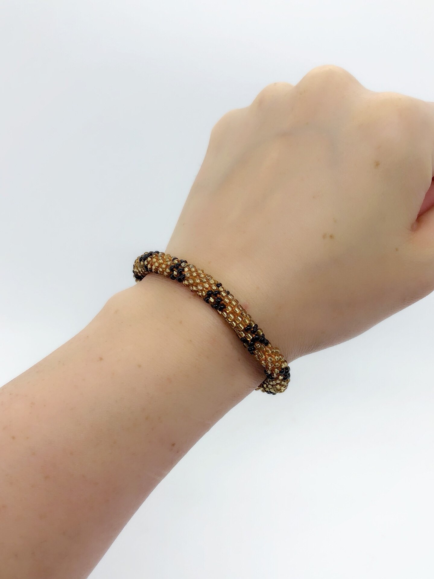 Beaded Roll On Bracelet Gold Black Handmade Glass Beads Native