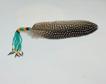 Beaded Smudge Feather with Beaded Fringe - Turquoise - Native American
