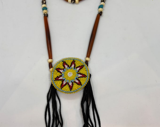 Beaded Medallion Necklace - Native American - Buffalo Bone & Horn Beds - Buckskin Fringe - Adjustable Size - (ww114)