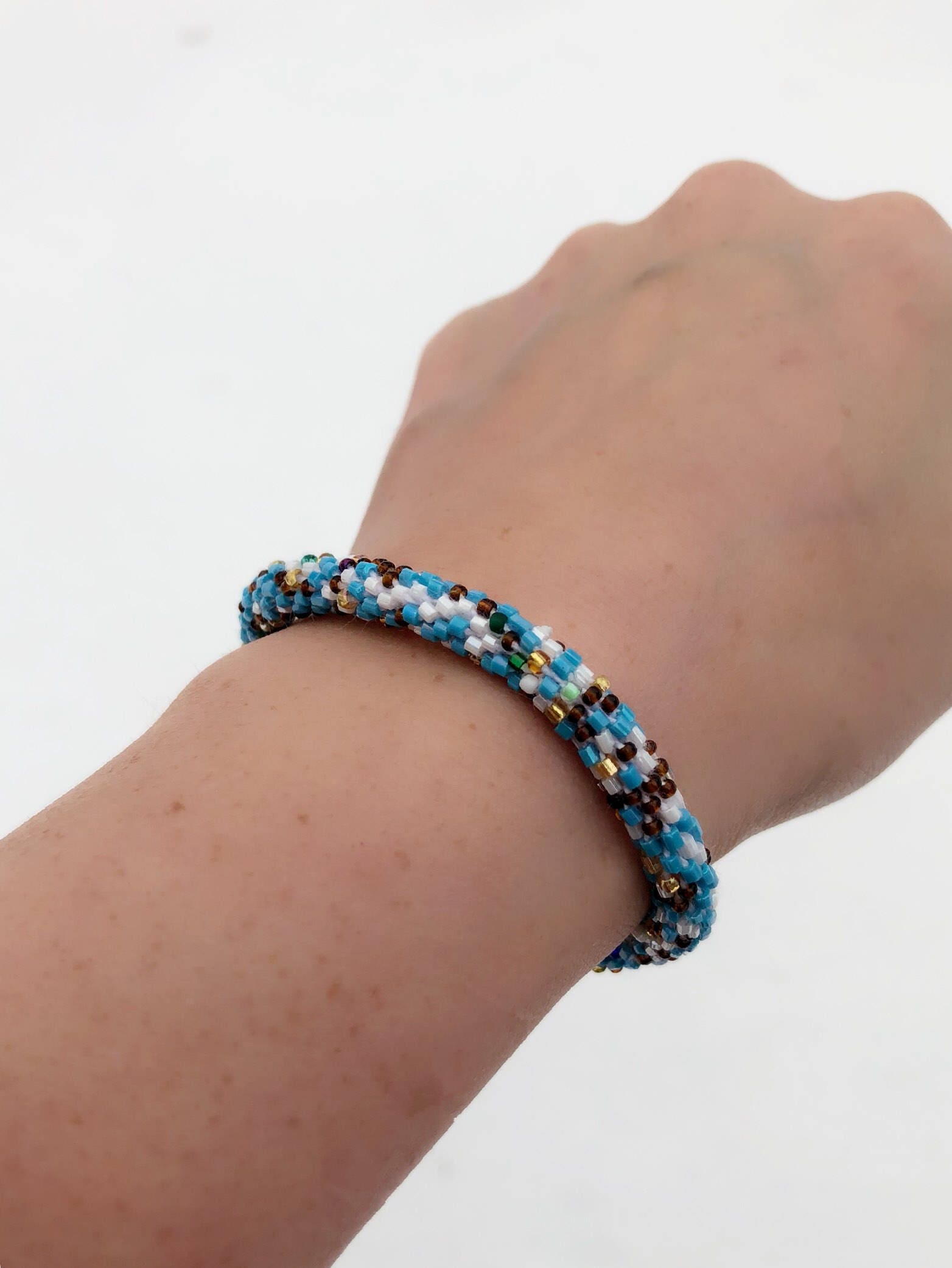 Beaded Bracelet Roll On Bracelet Woven Beaded Bracelet Blue White