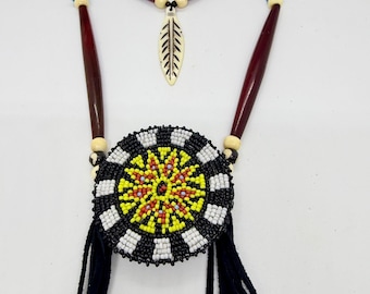Beaded Medallion Necklace - Native American - Buffalo Bone & Horn Beds - Buckskin Fringe - Adjustable Size