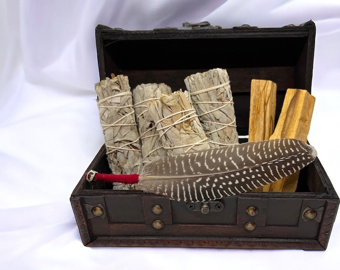 Smudge Kit Boxed Set - Wood Box - White Sage  - Palo Santo - Smudge Feather