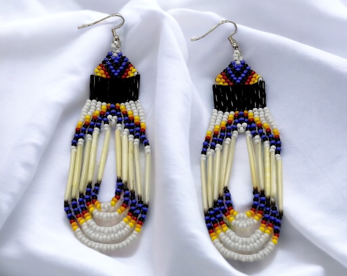 Porcupine Quill Earrings - Native American - Glass Beads - Blue - Powwow Earrings