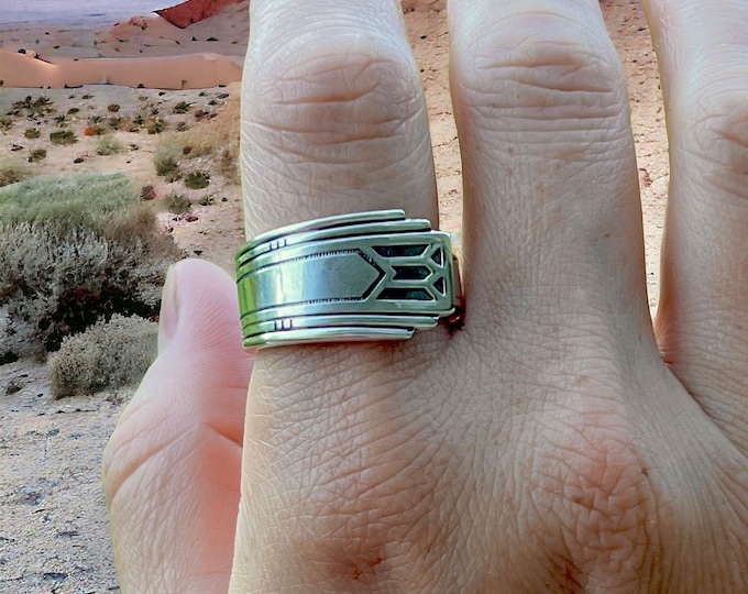 Spoon Ring - Tribal Design - Sized to Fit - Antique Silver Spoon