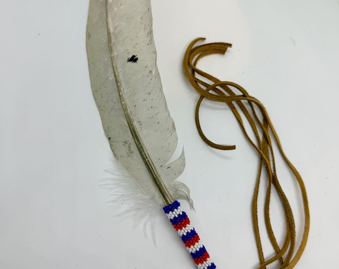 Beaded Smudge Feather - Authentic Native American - Blue Slate Turkey Feather
