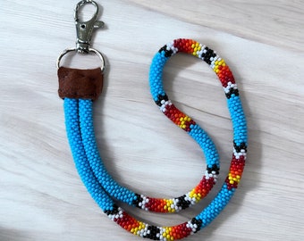 Beaded Wristlet Keychain - Native American Made - Buckskin - Clip Style