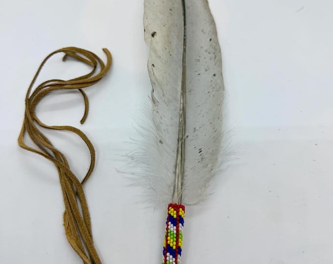 Beaded Smudge Feather - Authentic Native American - Blue Slate Turkey Feather