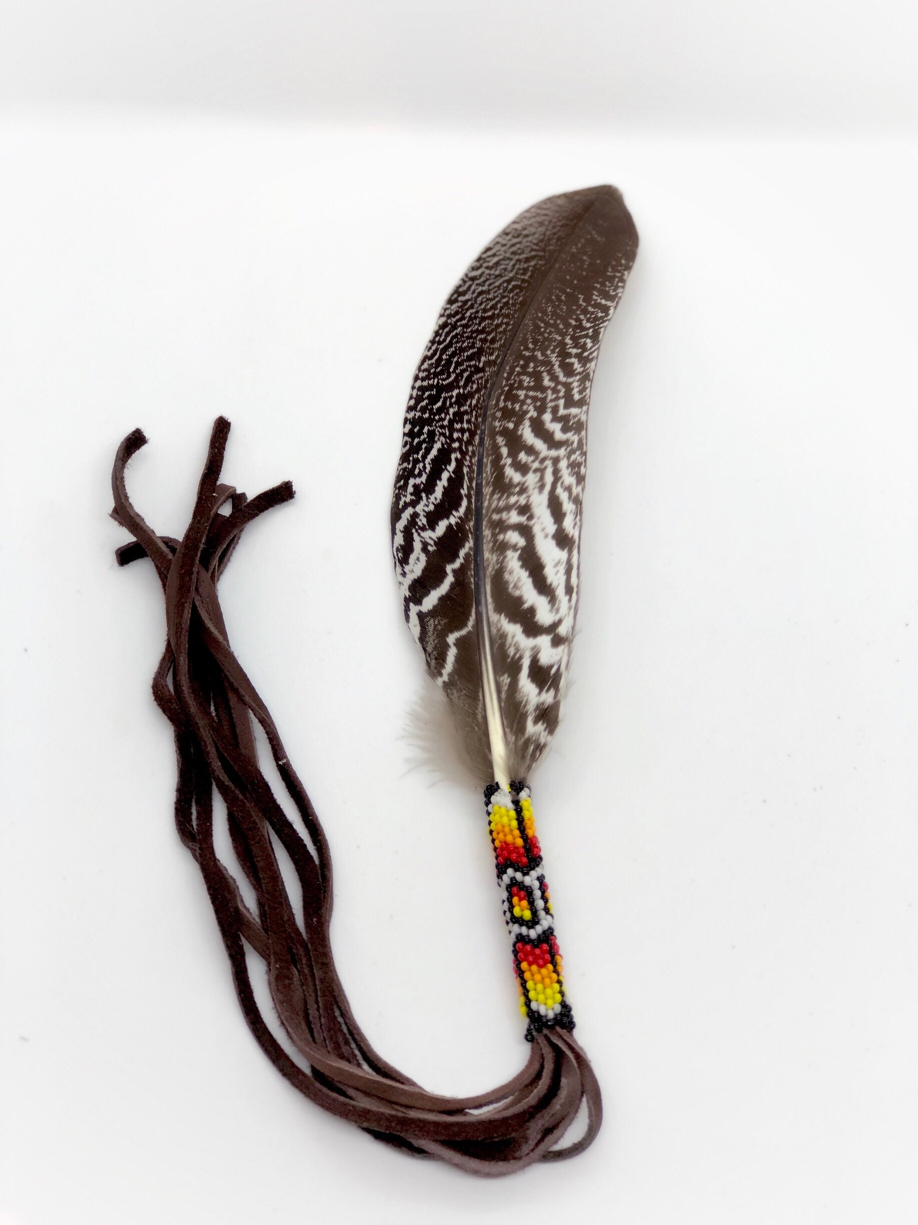 Beaded Smudge Feather Prayer Feather Beadwork Native American Buckskin Fringe