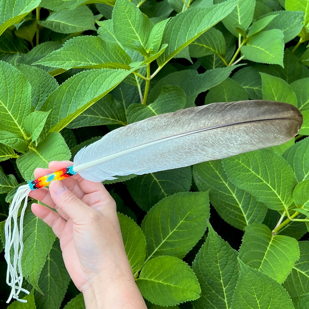 Beaded Smudge Feather Native American White Buckskin Handmade Prayer
