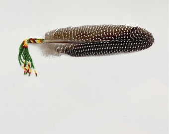 Beaded Smudge Feather with Beaded Handle - Green - Native American Feather