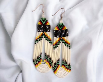 Porcupine Quill Earrings - Native American - Glass Beads -Green -  Handmade - Beadwork - Authentic